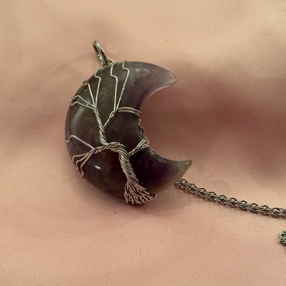 Crescent Moon Purple Amethyst Moon Pendant Necklace, Wire Wrapped
